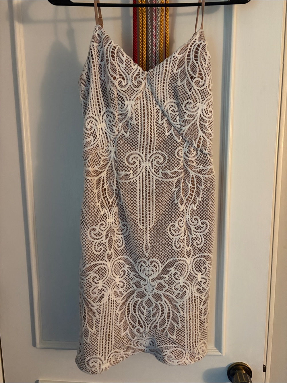 DO+BE Beige Slip Dress with White Lace Overlay